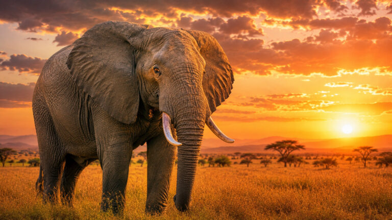 A majestic African elephant stands in the golden savanna at sunset beneath dramatic clouds, representing the wisdom, strength, and leadership of a matriarch.